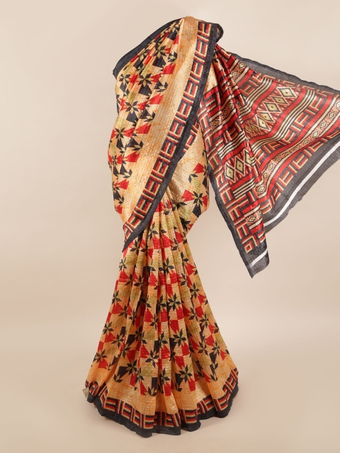 

Pothys Peach-Coloured & Black Cotton Blend Geometric Printed & Textured Saree