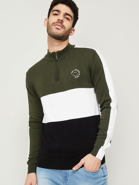 

Smiley World Men Olive Green Cotton Colourblocked Sweatshirt