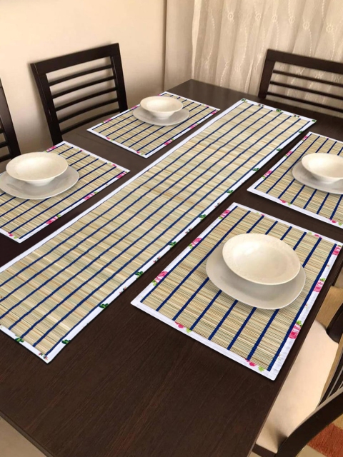 HomeStorie Beige Set Of 4 Striped Handmade River Grass Table Placemats with Runner