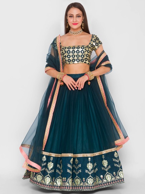 

6Y COLLECTIVE Green & Gold-Toned Embroidered Sequinned Semi-Stitched Lehenga & Unstitched Blouse With