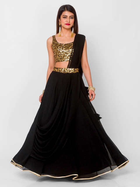 

6Y COLLECTIVE Black & Gold-Toned Embellished Ready to Wear Draped Lehenga & Blouse
