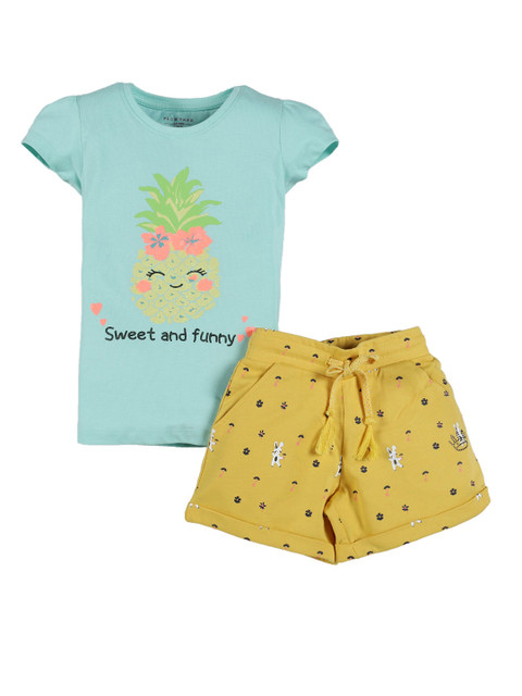 

PLUM TREE Girls Blue & Yellow Printed T-shirt With Shorts