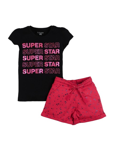 

PLUM TREE Girls Red & Black Printed T-shirt with Shorts