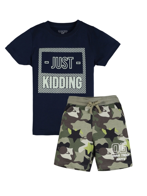 

PLUM TREE Boys Navy Blue & White Printed T-shirt with Trousers
