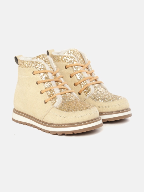 

YK Girls Beige & Gold-Toned Shimmer Suede Finish Faux Fur Trim Mid-Top Flat Boots