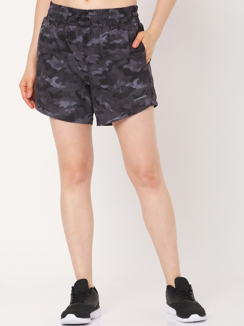 

Silvertraq Women Charcoal Grey & Black Camouflage Printed Slim Fit High-Rise Shorts