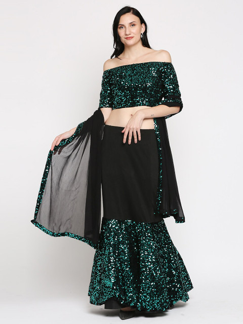 

Ira Soleil Green & Black Sequinned Ready to Wear Fishtail Lehenga & Blouse With Dupatta