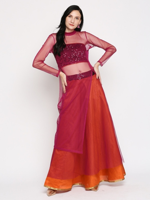 

Ira Soleil Pink & Orange Embellished Sequinned Ready to Wear Lehenga & Blouse with Jacket