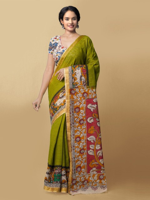 

Unnati Silks Green & Brown Pure Cotton Sustainable Kalamkari Printed Saree