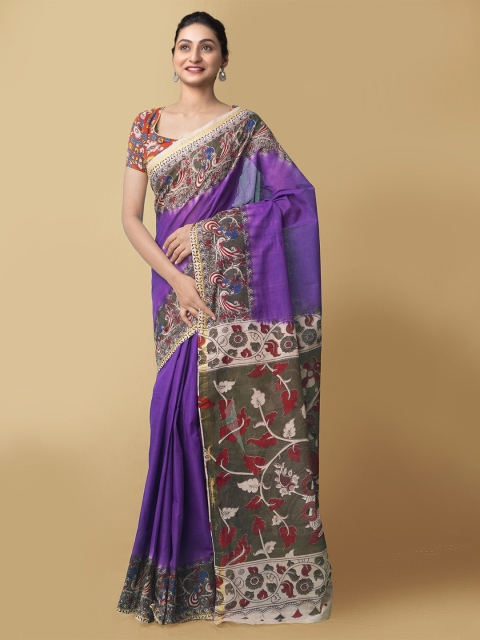 

Unnati Silks Violet & Grey Pure Cotton Sustainable Kalamkari Printed Saree