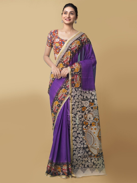 

Unnati Silks Violet Pure Cotton Sustainable Kalamkari Printed Saree