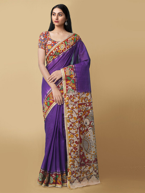 

Unnati Silks Violet Pure Cotton Sustainable Kalamkari Saree