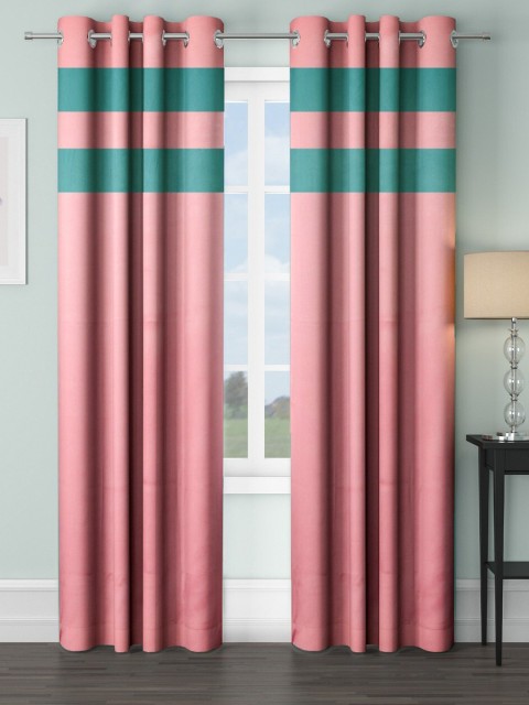 

VRINDA Pink & Green Set of 2 Striped Black Out Long Door Curtains