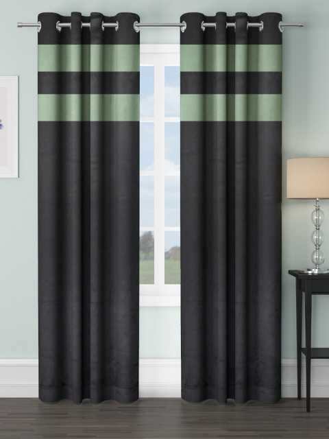 

VRINDA Black & Green Set of 2 Striped Black Out Long Door Curtains