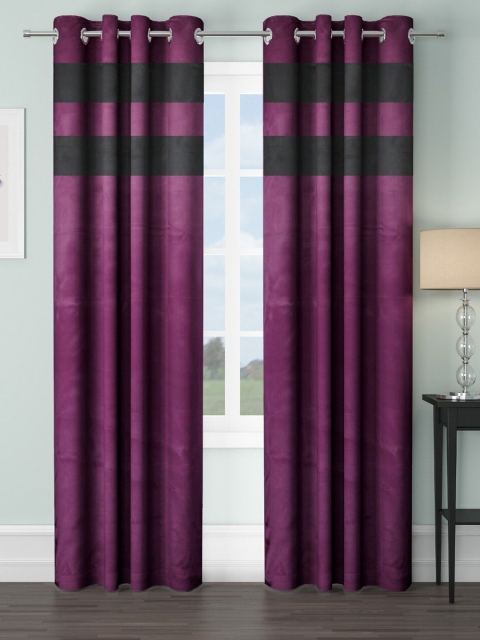 

VRINDA Burgundy & Black Set of 2 Striped Black Out Long Door Curtains