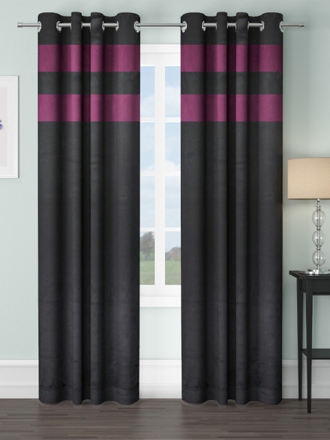 

VRINDA Black & Burgundy Set of 2 Striped Black Out Long Door Curtains