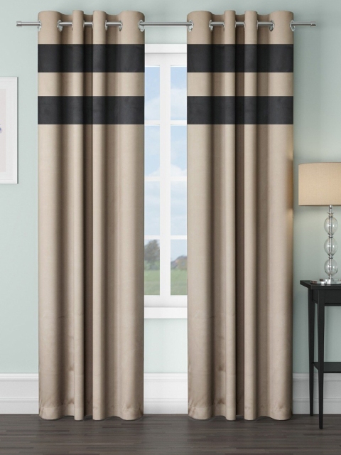 

VRINDA Beige & Black Set of 2 Striped Black Out Long Door Curtains