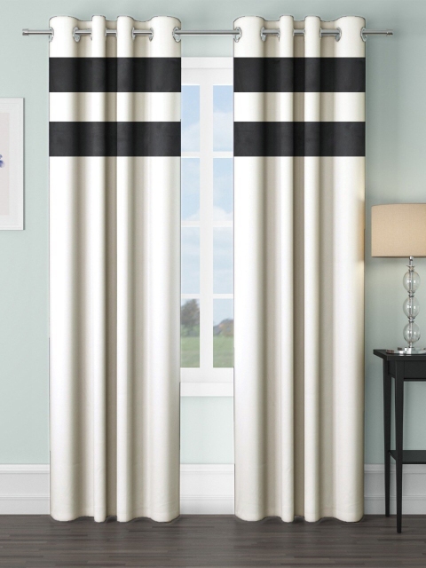 

VRINDA Off White & Black Set of 2 Striped Black Out Long Door Curtains