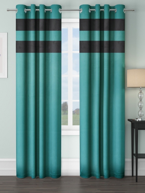 

VRINDA Teal Blue & Black Set of 2 Striped Black Out Long Door Curtains