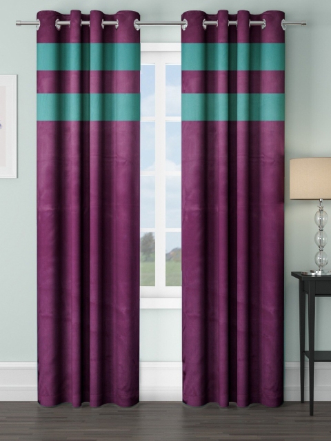 

VRINDA Burgundy & Teal Set of 2 Striped Black Out Long Door Curtains