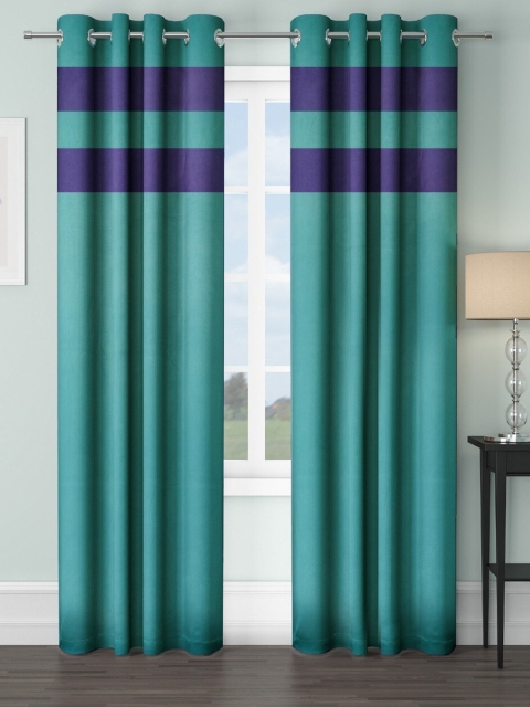 

VRINDA Teal & Blue Set of 2 Striped Black Out Long Door Curtains