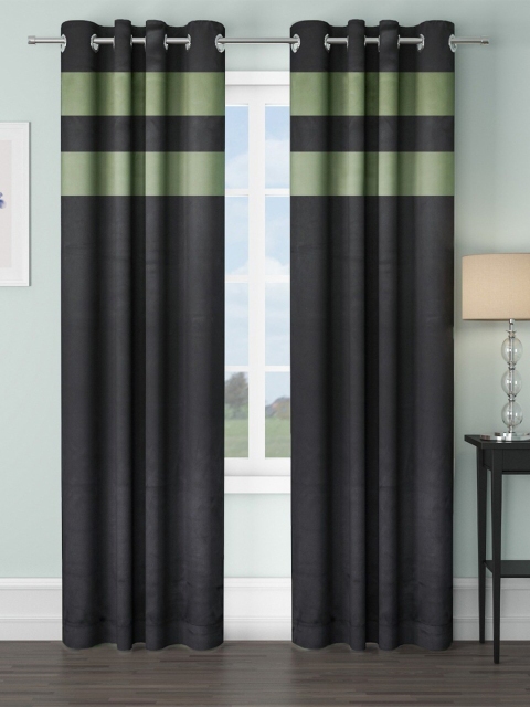 

VRINDA Black & Green Set of 2 Striped Black Out Long Door Curtains