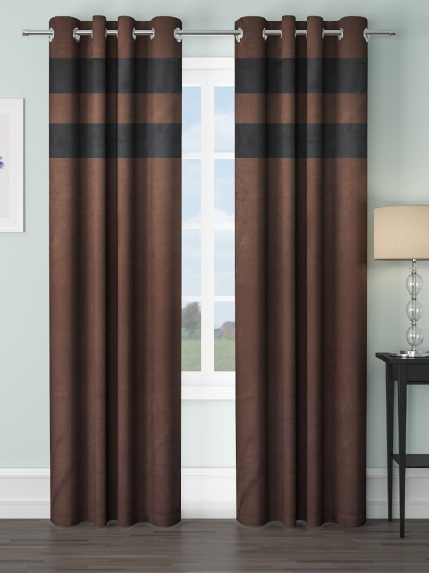 

VRINDA Coffee Brown & Black Set of 2 Striped Black Out Long Door Curtains