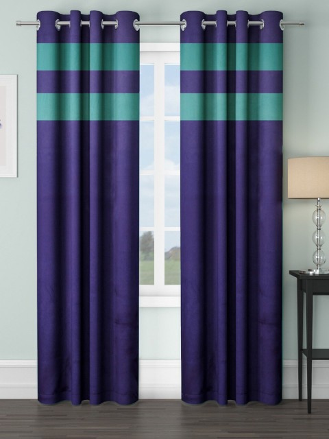 

VRINDA Blue & Teal Set of 2 Colourblocked Black Out Long Door Curtain
