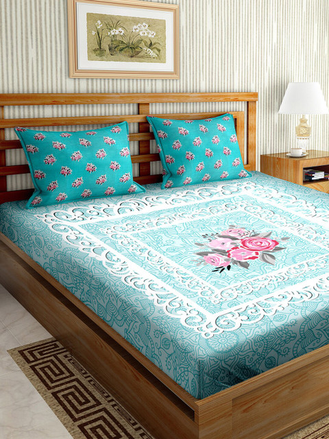 

BELLA CASA Teal & Pink Floral 150 TC Cotton King Bedsheet with 2 Pillow Covers