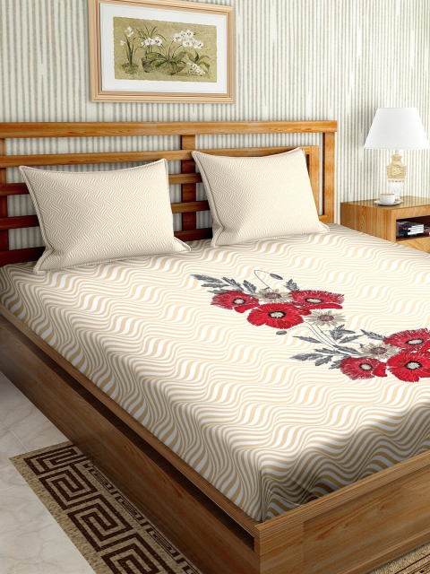 

BELLA CASA Mysterious Beige Floral 150 TC Cotton King Bedsheet with 2 Pillow Covers
