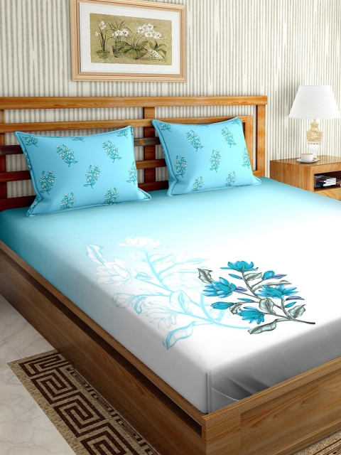 

BELLA CASA Mysterious Blue & White Floral 150 TC Cotton King Bedsheet with 2 Pillow Covers