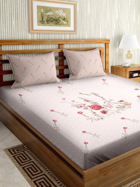 

BELLA CASA Mysterious Beige & Red Floral 150 TC Cotton King Bedsheet with 2 Pillow Covers