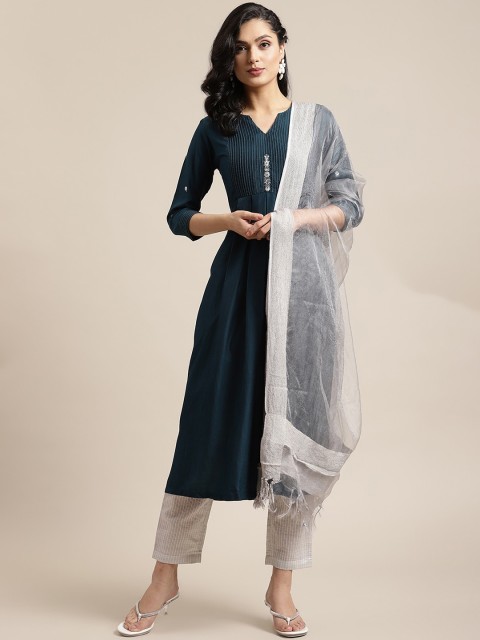 

Varanga Women Blue & Off White Empire Kurta & Trousers With Dupatta