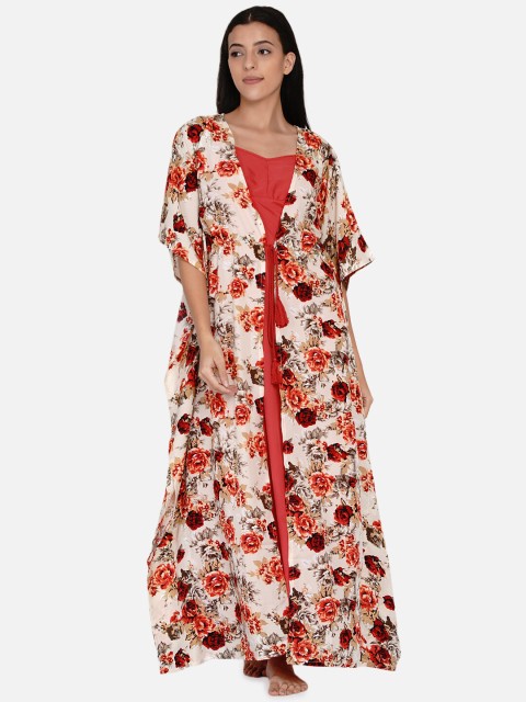 

The Kaftan Company Women Cream-Coloured Printed Maxi Nightdress