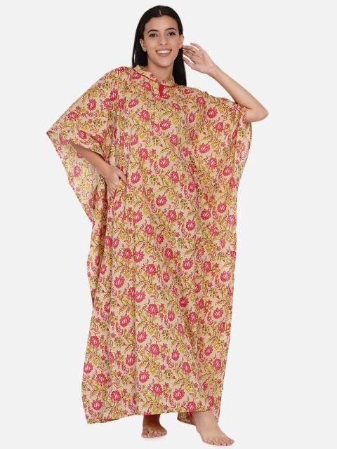 

The Kaftan Company Beige Printed Cotton Maxi Nightdress