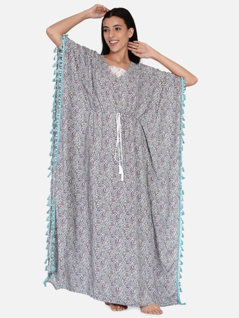 

The Kaftan Company White & Blue Floral Printed Maxi Kaftan Nightdress With Fringe Lace