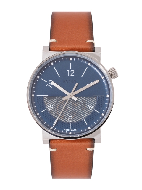 

Fossil Men Blue Skeleton Back Dial & Brown Leather Straps Analogue Automatic Watch ME3168, Navy blue