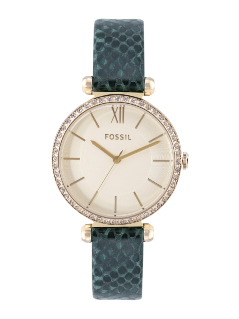 

Fossil Women Beige Embellished Dial & Green Leather Textured Strap Analogue Watch BQ3552