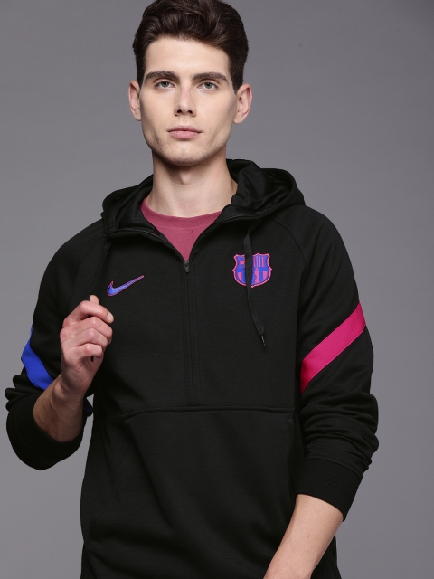 

Nike Men Black Printed Half-Zipper Loose Fit Fleece Hooded Soccer Pullover Sweatshirt