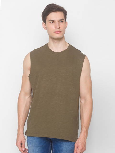

Globus Men Olive Green Pure Cotton Self Designed Sleeveless Pure Cotton T-shirt