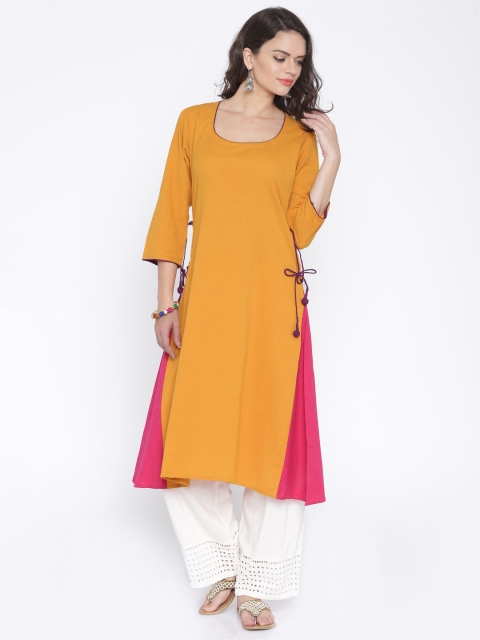 

Anouk Women Mustard Yellow & Pink Colourblock A-Line Kurta