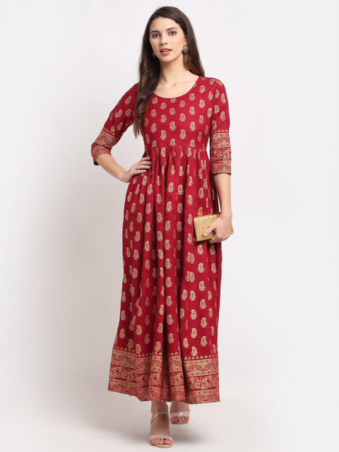 

Rudra Bazaar Women Maroon & Gold-Toned Ethnic Motifs Printed Anarkali kurta