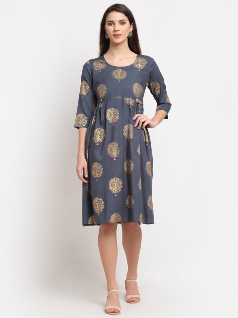 

Rudra Bazaar Women Grey & Gold-Toned Ethnic Motifs Printed A-Line Dress