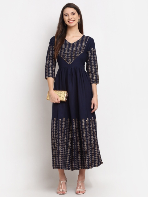 

Rudra Bazaar Women Navy Blue & Gold-Toned Ethnic Motifs Printed Anarkali kurta