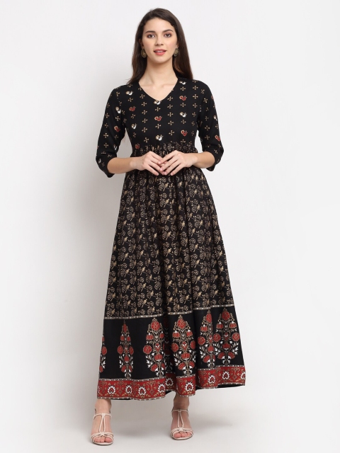

Rudra Bazaar Women Black & Gold-Toned Ethnic Motifs Printed Anarkali kurta