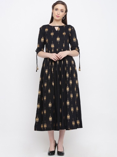 

Indian Virasat Women Black & Gold-Toned Printed Pure Cotton Kurta