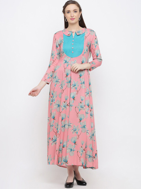 

Indian Virasat Women Pink & Blue Floral Peter Pan Collar Maxi Dress
