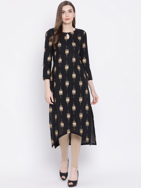 

Indian Virasat Women Black & Gold-Toned Printed Keyhole Neck Pure Cotton Kurta