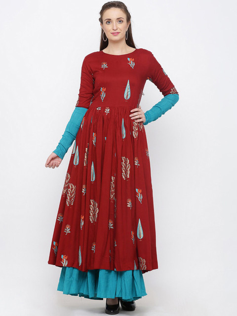 

Indian Virasat Women Maroon & Blue Ethnic Motifs Printed Anarkali Kurta