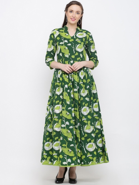 

Indian Virasat Women Green & White Floral Cotton Maxi Dress